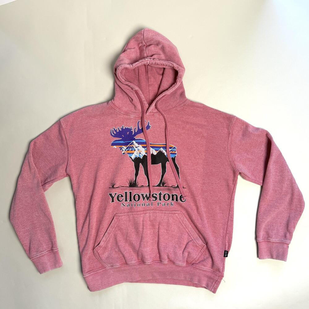 Yellowstone Ragwear USA Hoodie Mens Large Pink Moose Graphic Fleece Pullover